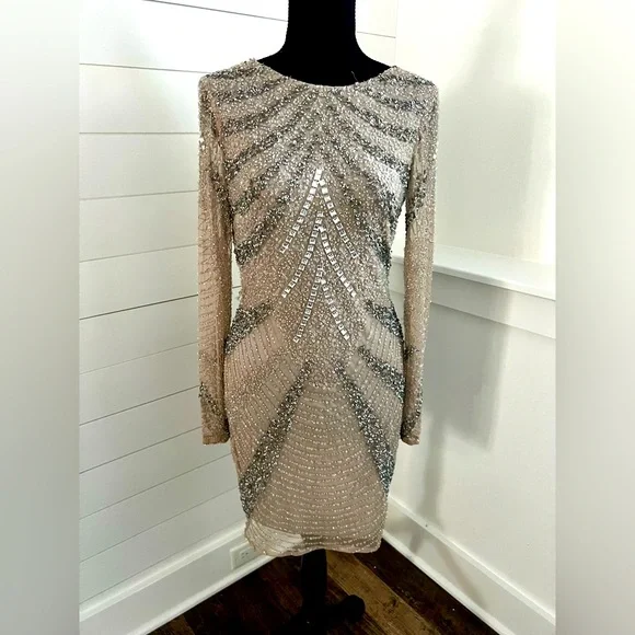 Jovani | Dresses | Jovani Backless Beaded And Sequin Cocktail Dress Nude  Color Size 2 | Poshmark